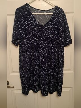 Navy Blue V-Neck Polka Dot Dress Tiered Flowy Size 14/16 XL